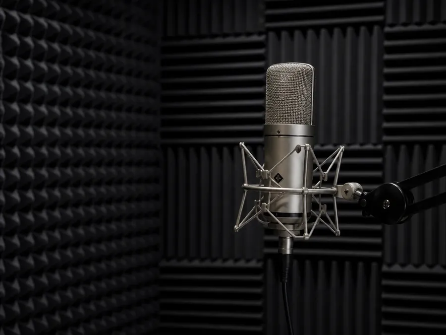 A condenser microphone on a boom arm in an empty vocal booth lined with acoustic foam, illustrating reusing one selected voice. Image generated with getimg.ai.