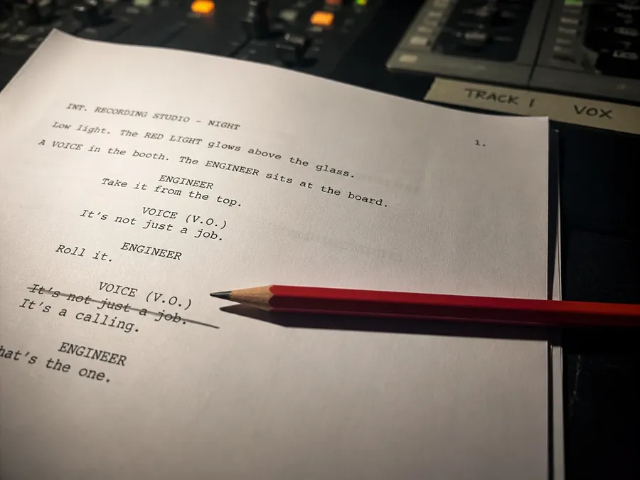 A printed script page with a red pencil across a crossed-out line, illustrating revising a script instead of re-recording. Image generated with getimg.ai.