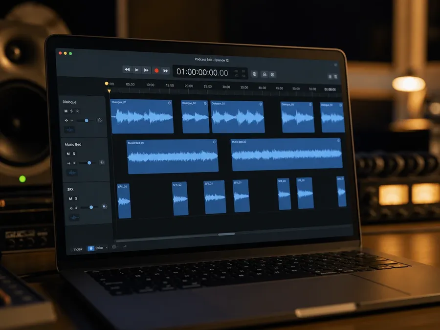 A laptop on a studio desk showing an audio timeline split into separate clips, illustrating building a long project section by section. Image generated with getimg.ai.