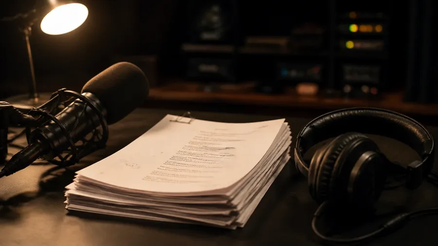 A microphone, a thick stack of script pages and headphones on a dark desk under a warm lamp, illustrating narration for long-form projects. Image generated with getimg.ai.
