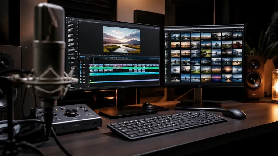 Two monitors showing a video timeline and a grid of stills with a microphone in front, illustrating generating voice alongside images and video. Image generated with getimg.ai.
