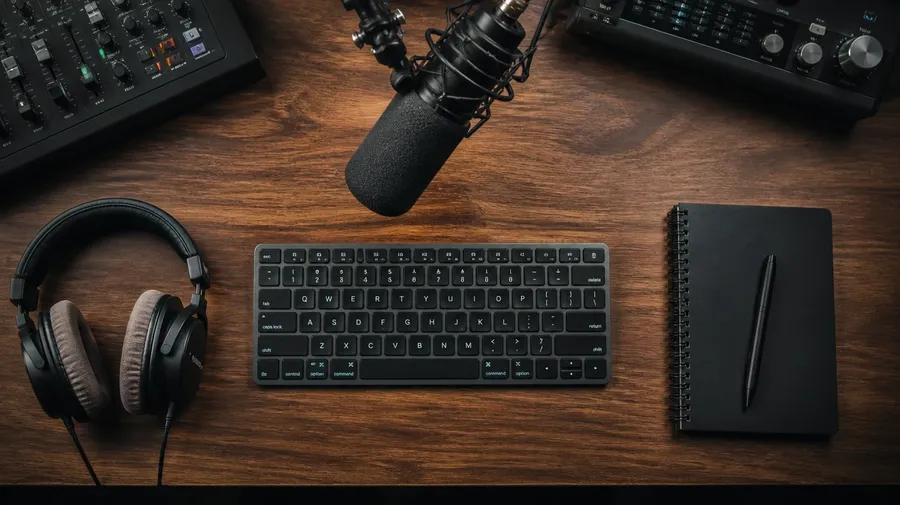 Overhead view of a studio desk with a keyboard, microphone, headphones and notebook arranged in a grid, illustrating the controls of a speech tool. Image generated with getimg.ai.