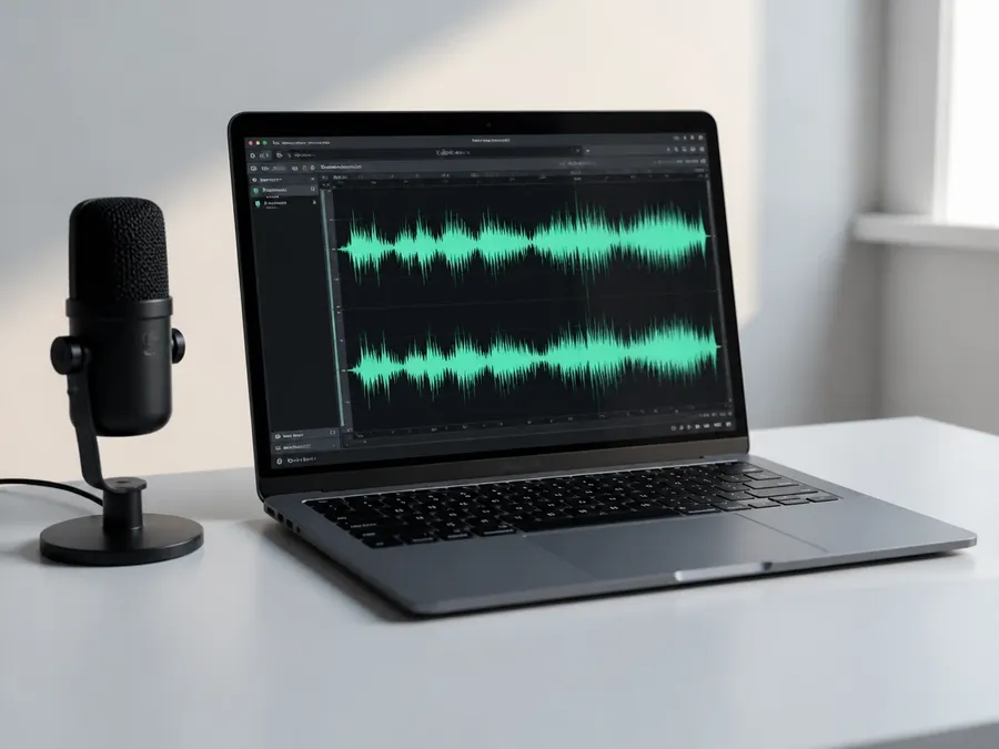 A laptop showing an audio waveform beside a small microphone on a bright minimal desk, illustrating AI voice generation. Image generated with getimg.ai.