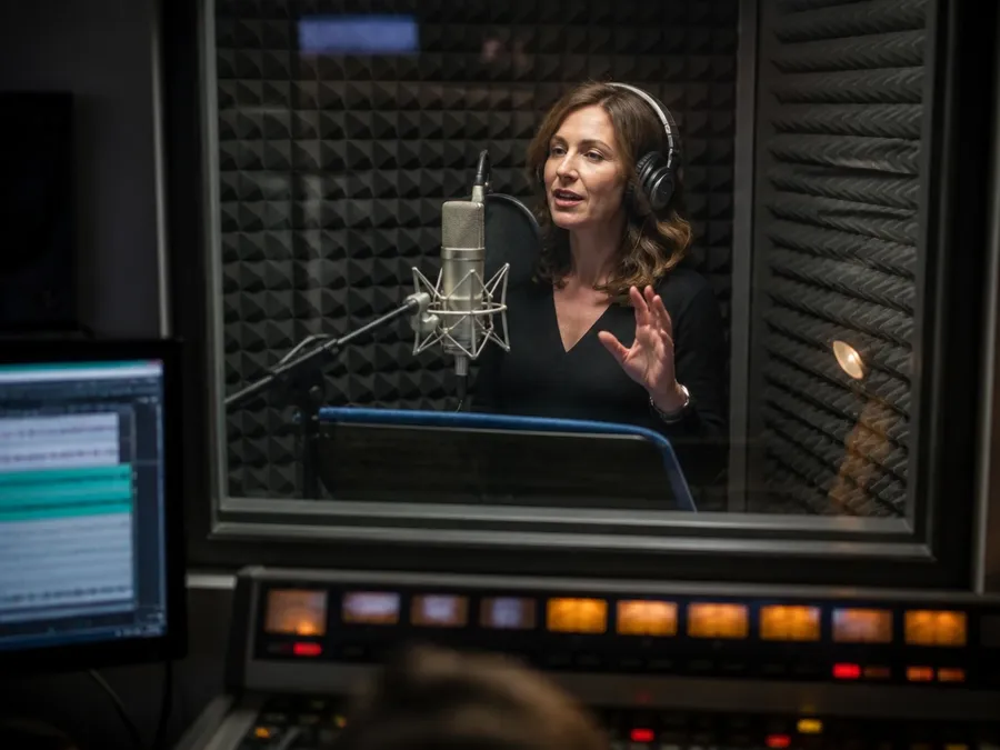 A voice actor in headphones at a large microphone behind booth glass seen from the control room, illustrating traditional voice recording. Image generated with getimg.ai.