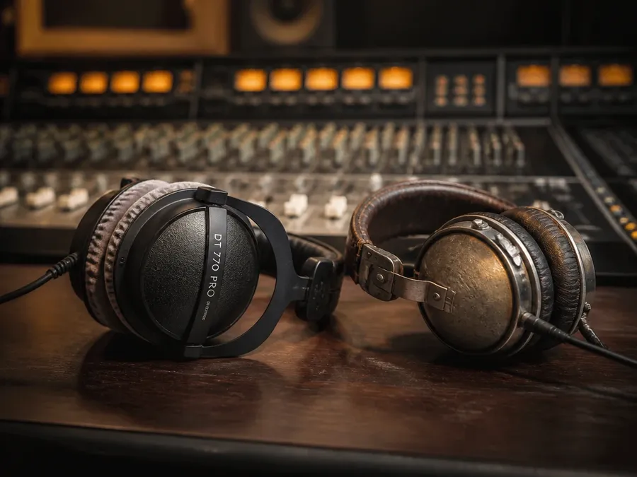 A modern pair and a vintage pair of headphones side by side on a studio desk, illustrating the choice between two ways of making a voice track. Image generated with getimg.ai.