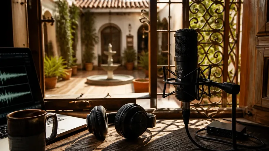 A microphone and headphones on a desk by a window onto a sunlit terracotta courtyard, used as the link card for Spanish text to speech. Image generated with getimg.ai.