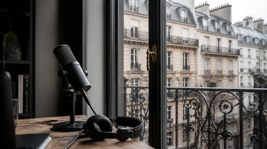 A microphone and headphones on a desk by a tall window with a wrought-iron balcony and pale stone buildings, used as the link card for French text to speech. Image generated with getimg.ai.