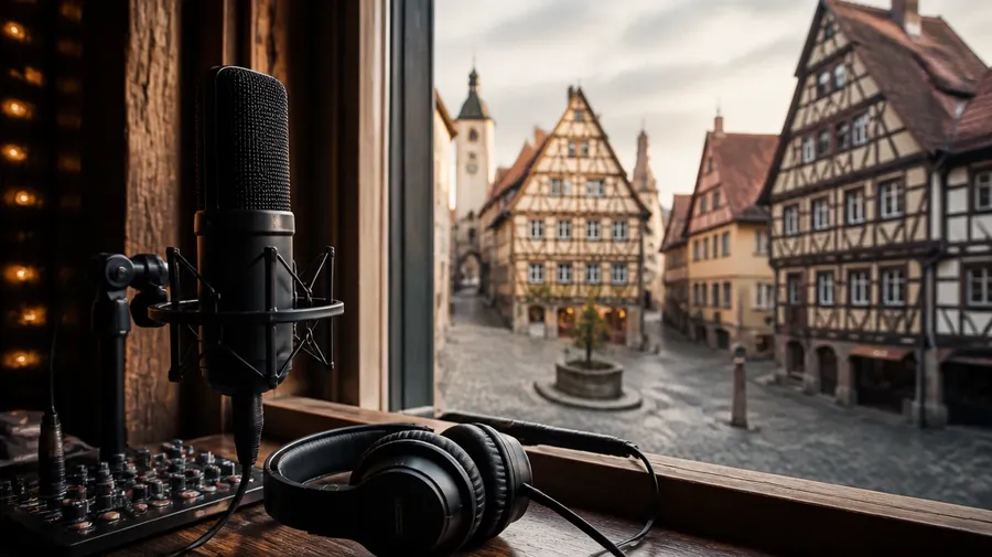 A microphone and headphones on a desk by a window onto a cobbled square with gabled rooftops, used as the link card for German text to speech. Image generated with getimg.ai.