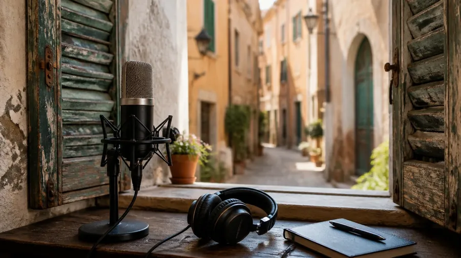 A microphone and headphones on a desk by a window with weathered shutters onto a sunlit alley, used as the link card for Italian text to speech. Image generated with getimg.ai.