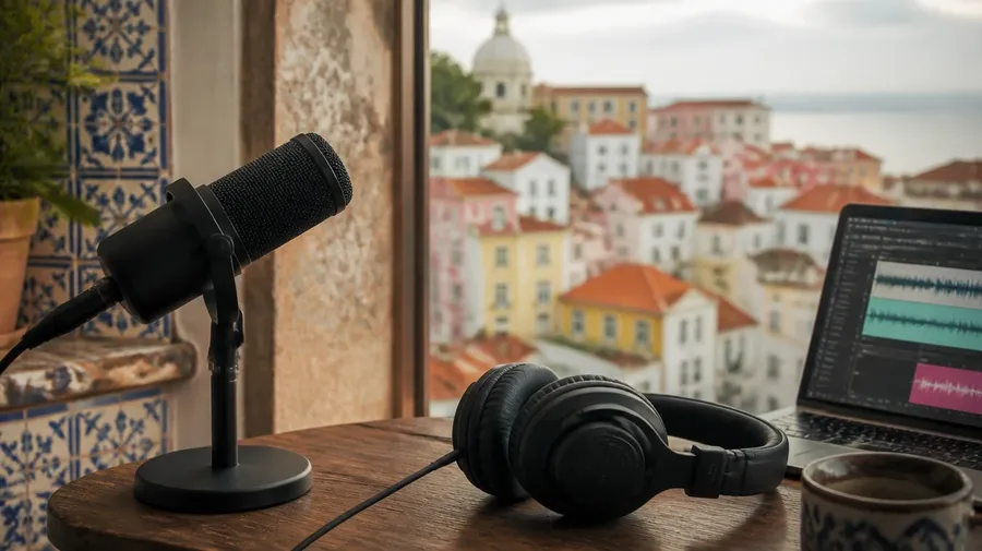 A microphone and headphones on a desk by a window onto a hillside of pastel tiled houses, used as the link card for Portuguese text to speech. Image generated with getimg.ai.