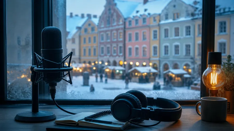 A microphone and headphones on a desk by a window onto a snow-dusted market square with pastel townhouses, used as the link card for Polish text to speech. Image generated with getimg.ai.