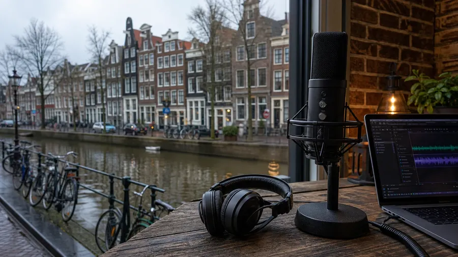 A microphone and headphones on a desk by a window onto a canal with narrow brick houses and bicycles, used as the link card for Dutch text to speech. Image generated with getimg.ai.