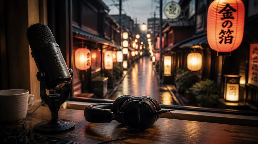 A microphone and headphones on a desk by a window onto a narrow street hung with paper lanterns at dusk, used as the link card for Japanese text to speech. Image generated with getimg.ai.