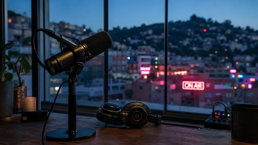 A microphone and headphones on a desk by a window onto a hillside neighbourhood with neon signs at blue hour, used as the link card for Korean text to speech. Image generated with getimg.ai.