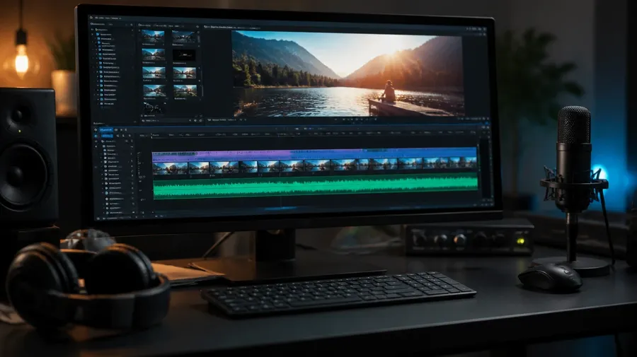 A monitor showing a video timeline with a waveform track under the picture track and a microphone beside the keyboard, used as the link card for the voice over generator. Image generated with getimg.ai.