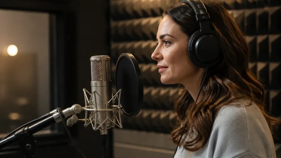 A woman in headphones at a studio microphone in a softly lit vocal booth, seen in profile, used as the link card for the female voice generator. Image generated with getimg.ai.