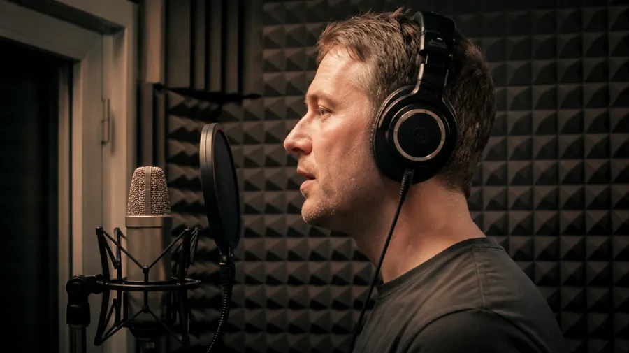 A man in headphones at a studio microphone in a softly lit vocal booth, seen in profile, used as the link card for the male voice generator. Image generated with getimg.ai.