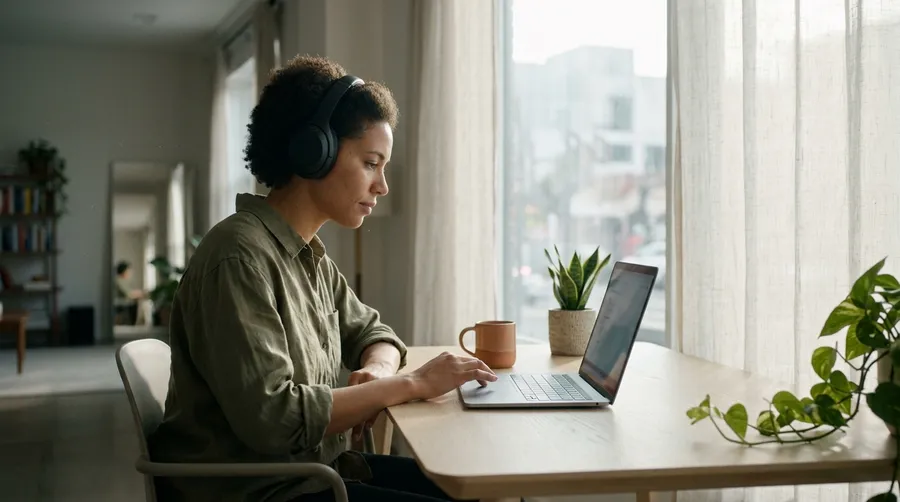 A person wearing headphones listening back to a generated voiceover on a laptop at a bright desk, illustrating the AI voiceover side of a comparison with traditional voice recording. Image generated on getimg.ai.
