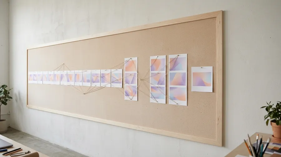 A studio pin board holding a long strip of campaign frames that narrows down to a single frame, illustrating one campaign cut into a 30-second, 15-second and 6-second version. Image generated on getimg.ai.