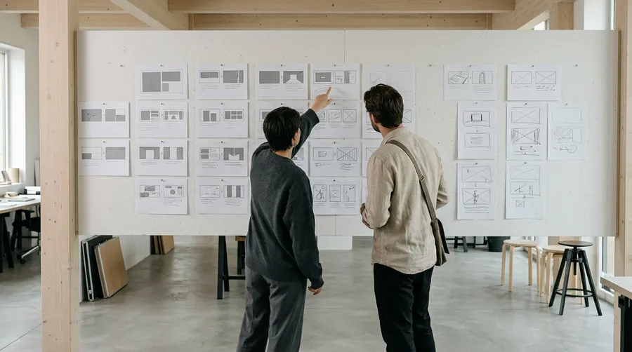 Two colleagues at a studio wall comparing pinned storyboard cards for a campaign, illustrating the choice between AI voiceover and a traditional recording session. Image generated on getimg.ai.