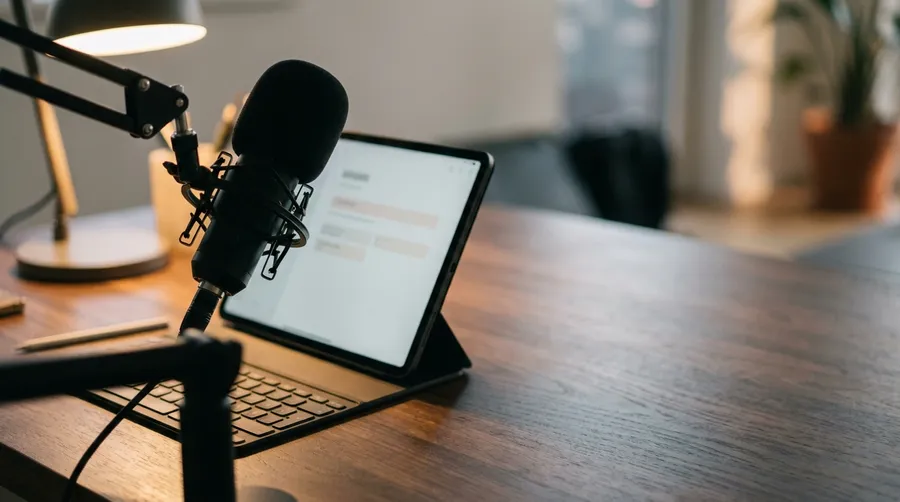 A studio condenser microphone on a boom arm in front of a tablet showing a voiceover script on a warm wooden desk, illustrating how inline delivery cues direct the read in an AI voice over generator. Image generated on getimg.ai.