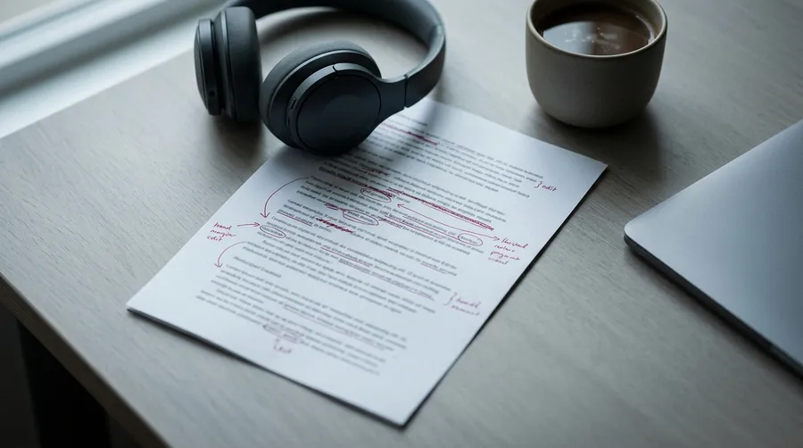 A printed voiceover script marked up with red pen corrections beside headphones and a laptop, illustrating how a script is edited and regenerated instead of re-recorded. Image generated on getimg.ai.