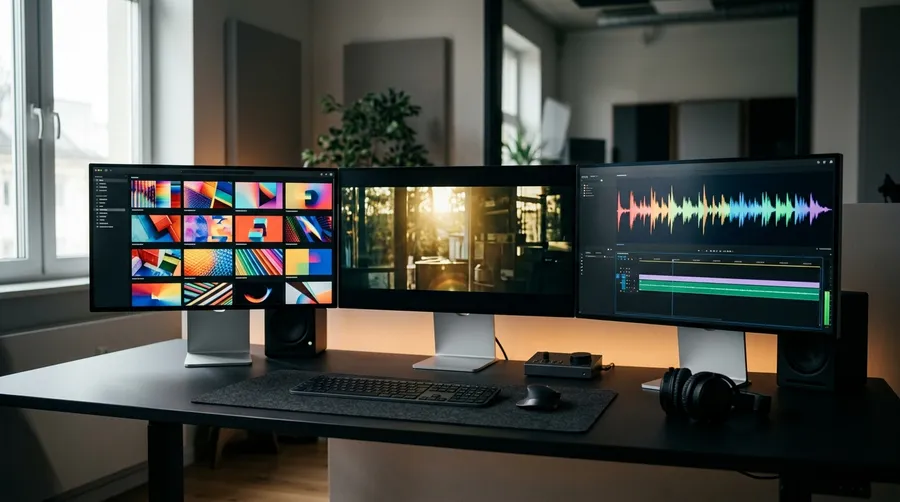 Three desk monitors showing a grid of generated images, a single video frame and an audio waveform on a timeline, illustrating voice, image and video generation in one getimg.ai workspace. Image generated on getimg.ai.