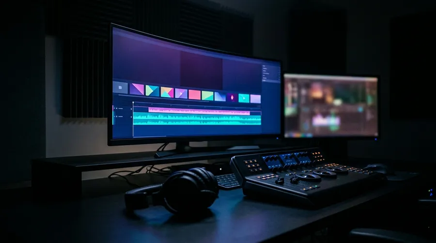 A video editing suite at night with an audio waveform sitting under a row of video clips on a timeline, illustrating a downloaded WAV voiceover dropped into a video edit. Image generated on getimg.ai.