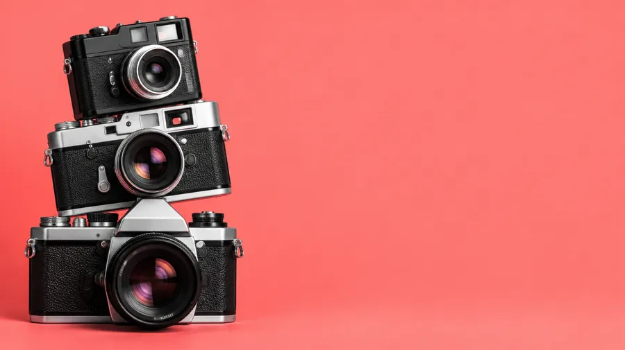 Three vintage film cameras stacked on a coral background with empty space on the right.
