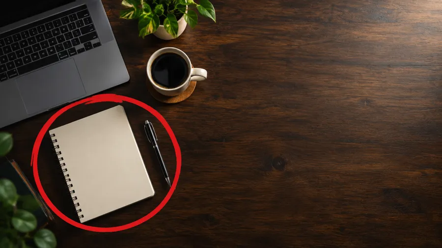 Overhead desk with a laptop, notebook and coffee, a red circle around the notebook.