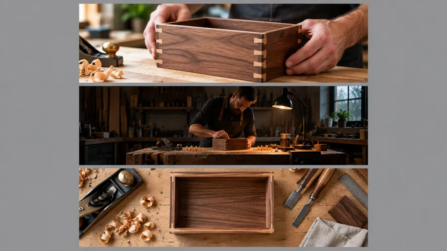 Three stacked thumbnail panels showing the same woodworking subject in three different framings.