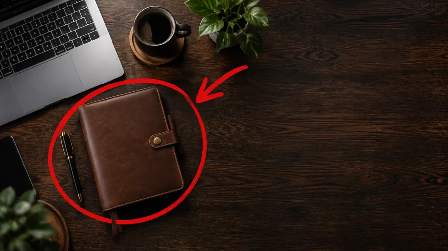 Overhead dark wood desk with a laptop and planner, a red circle and arrow marking the planner.