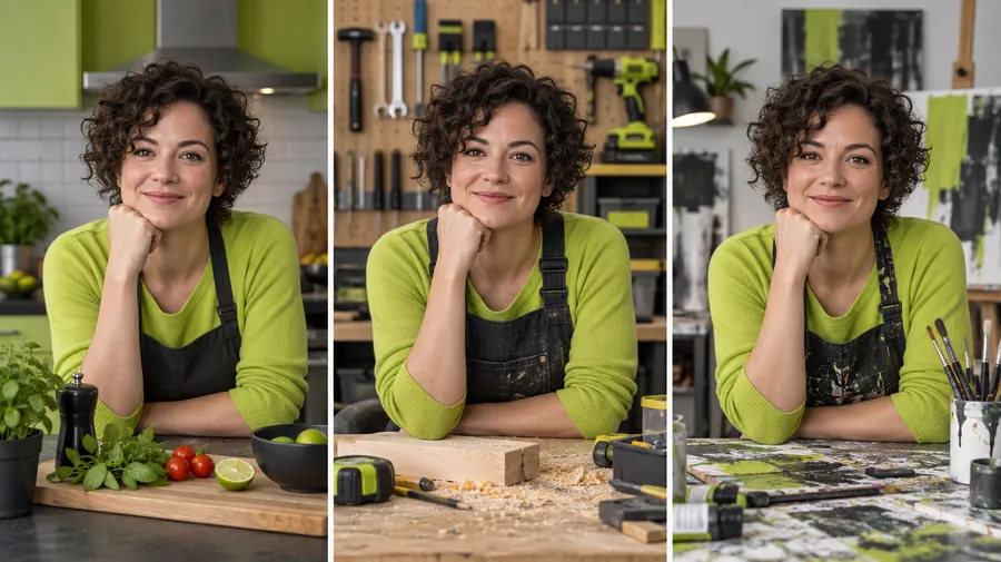 Three panels showing the same woman in lime green and charcoal in a kitchen, workshop and studio.
