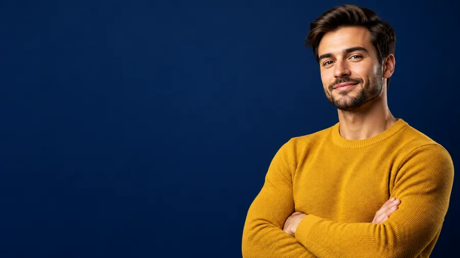 Person in a mustard sweater on a deep navy background with a large empty panel on the left.