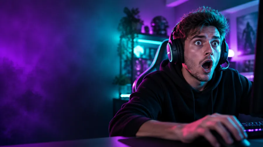 Gamer in a headset with a shocked expression at a desk lit by purple and teal light.