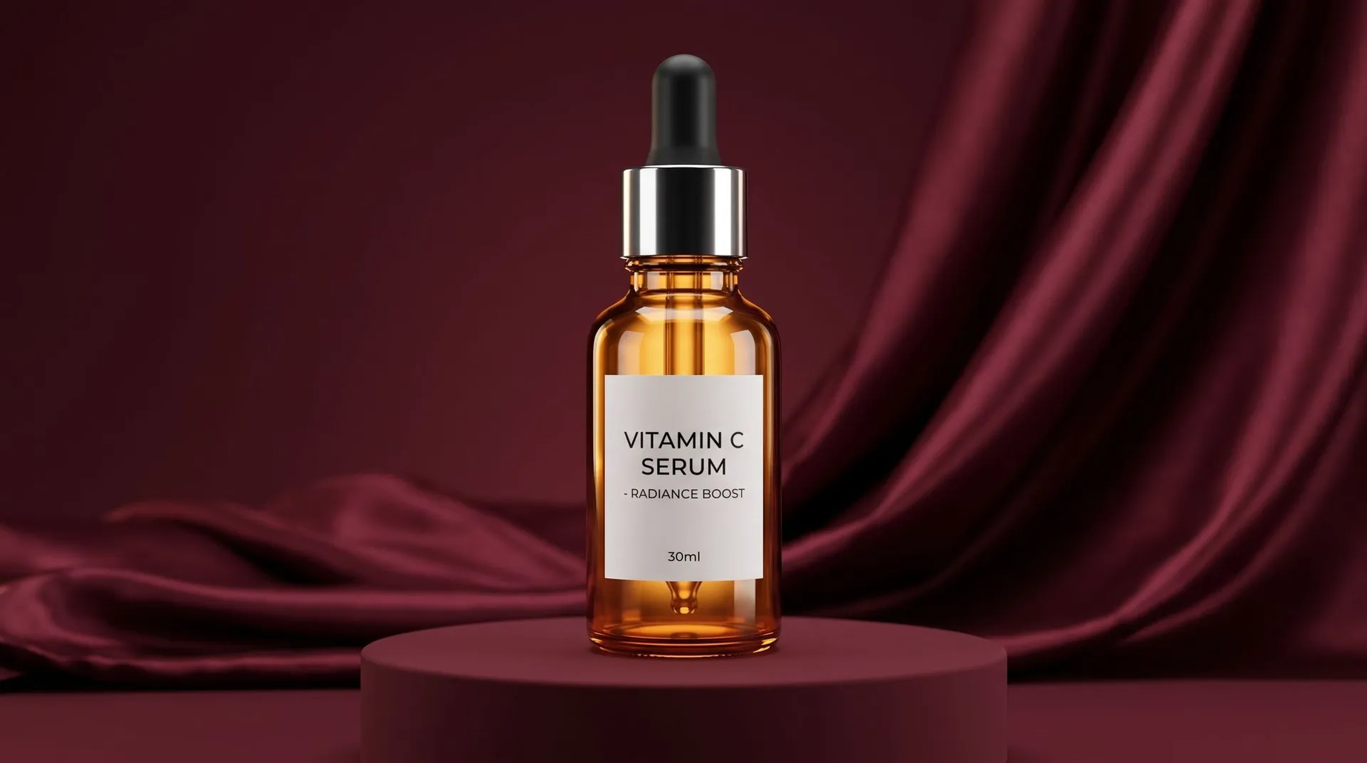 Amber glass Vitamin C serum bottle with a black dropper bulb and silver collar, white Radiance Boost 30ml label, on a round burgundy pedestal against draped burgundy satin, the source campaign image used to test image-to-video AI models for product ads, generated on getimg.ai