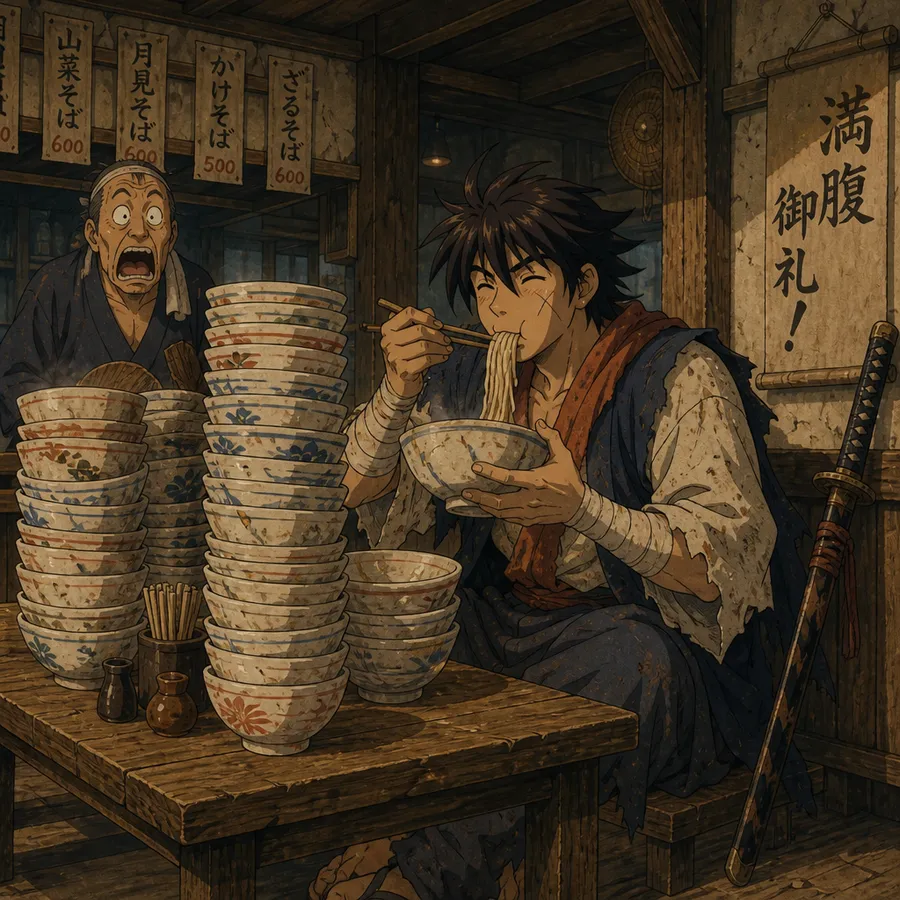 Anime samurai slurping noodles beside a tall stack of empty bowls as the vendor reacts, anime AI art generated with getimg.ai.