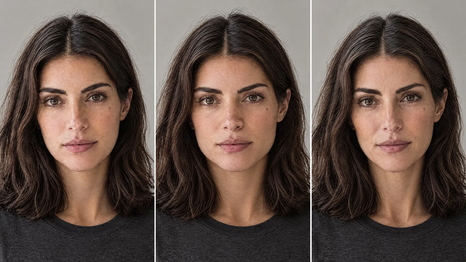 An AI-generated triptych of three near-identical front portraits of Mara, used to show identity holding steady as the control against the drift examples; created on getimg.ai.