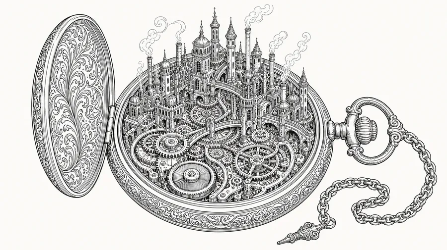 Line art of an open antique pocket watch whose gears form a miniature city, generated with getimg.ai's AI line art generator