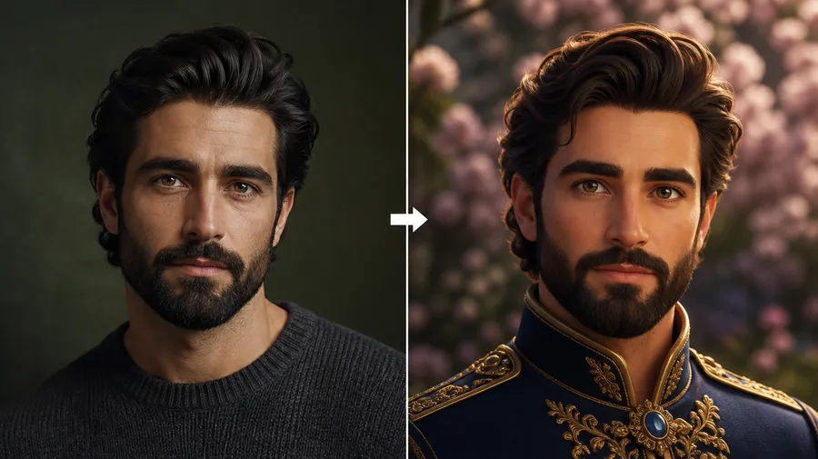 Before-and-after avatar edit turning a photo of a bearded man into a Disney-style 3D prince, generated using getimg.ai
