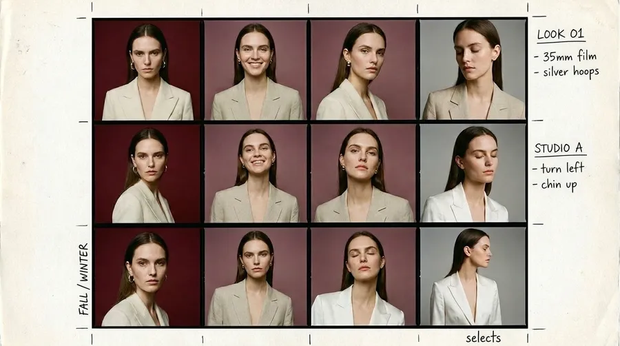 Contact sheet of twelve AI portraits where the face, hair, blazer and backdrop color change from frame to frame, generated on getimg.ai to show how an AI shot list drifts into twelve different shoots in a guide to creating an AI photoshoot from one photo