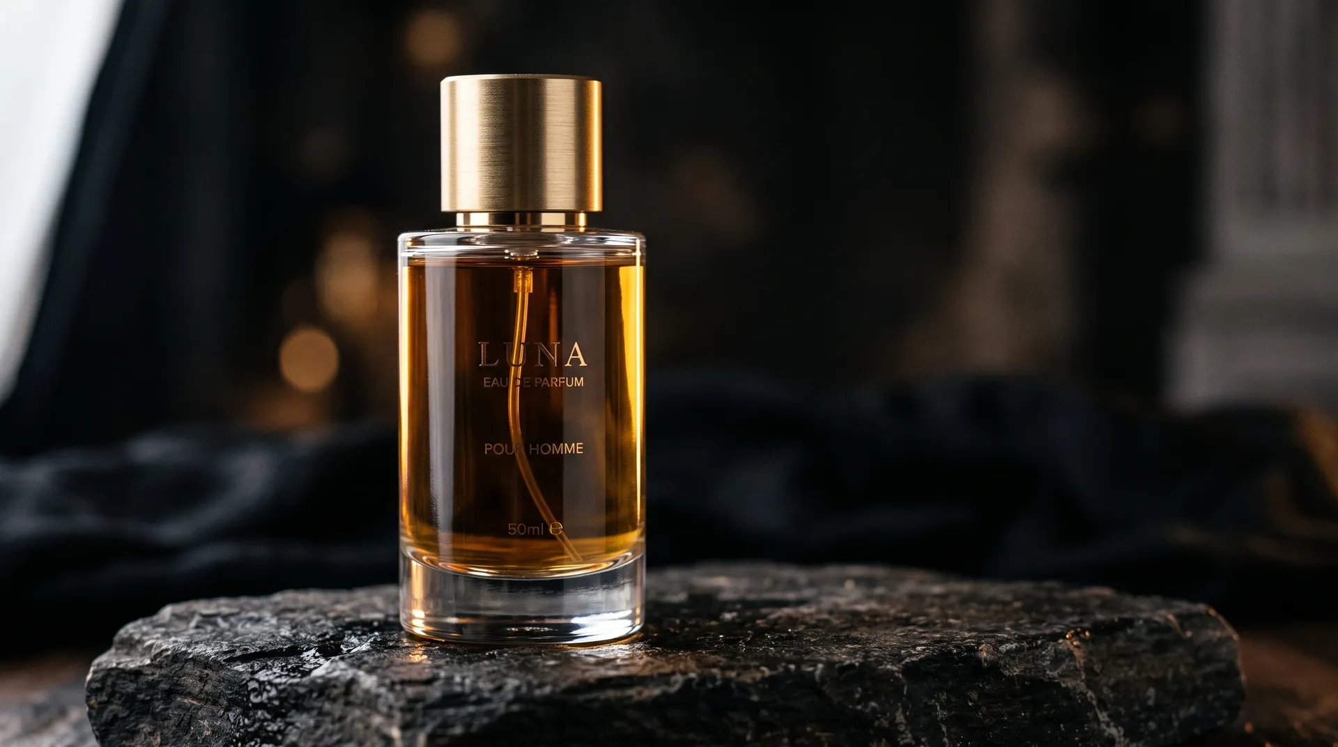 Perfume bottle on dark stone in a moody studio scene, the result of changing a background with a prompt on getimg.ai
