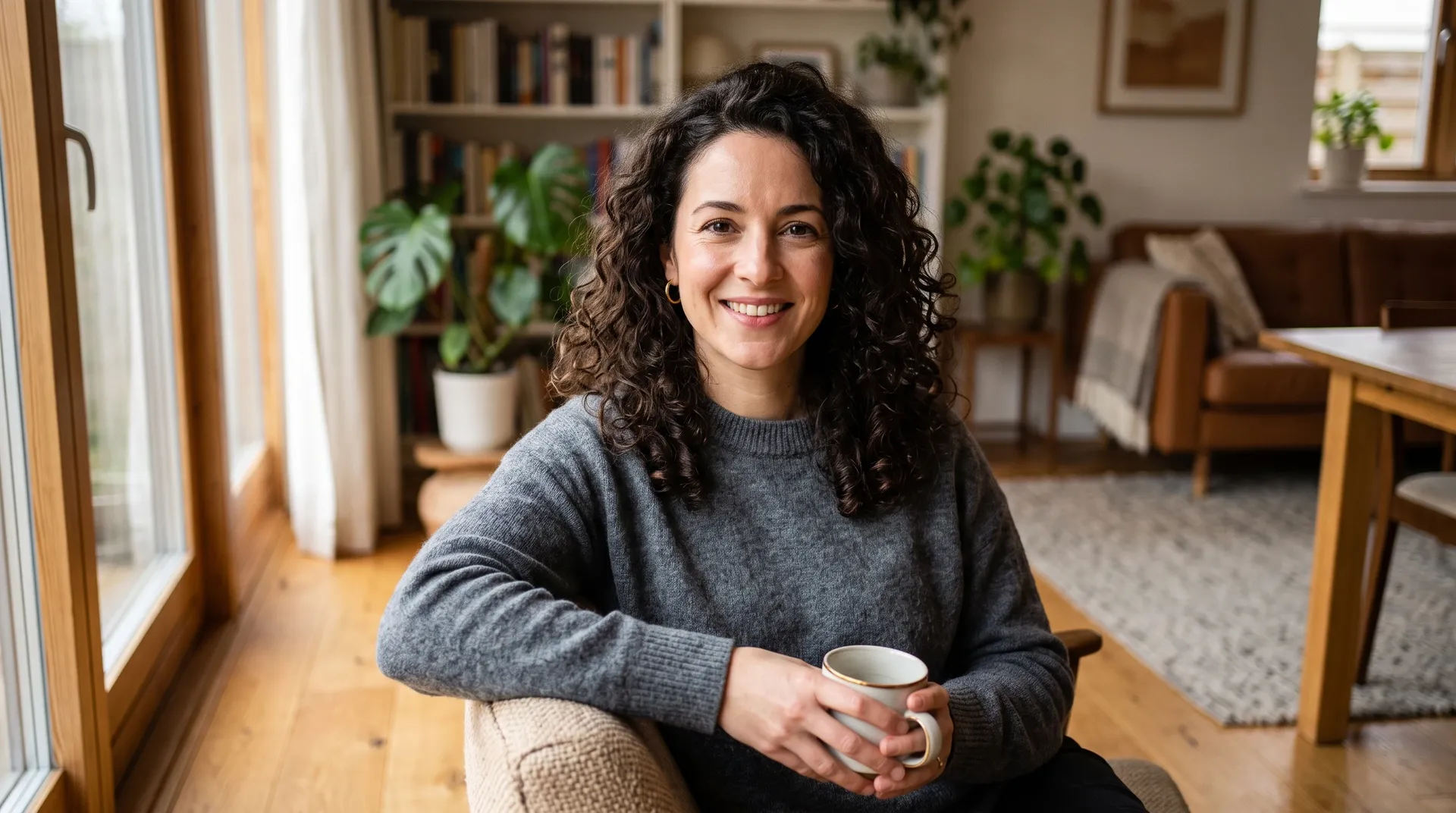 Woman in a warm living room with light direction matching the window, a natural-looking AI background change made on getimg.ai