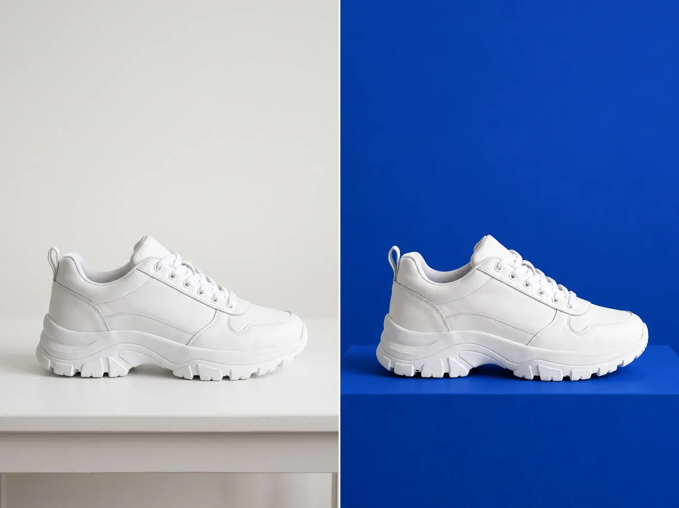 White sneaker on a plain table beside the same sneaker on a cobalt blue pedestal, changed on getimg.ai