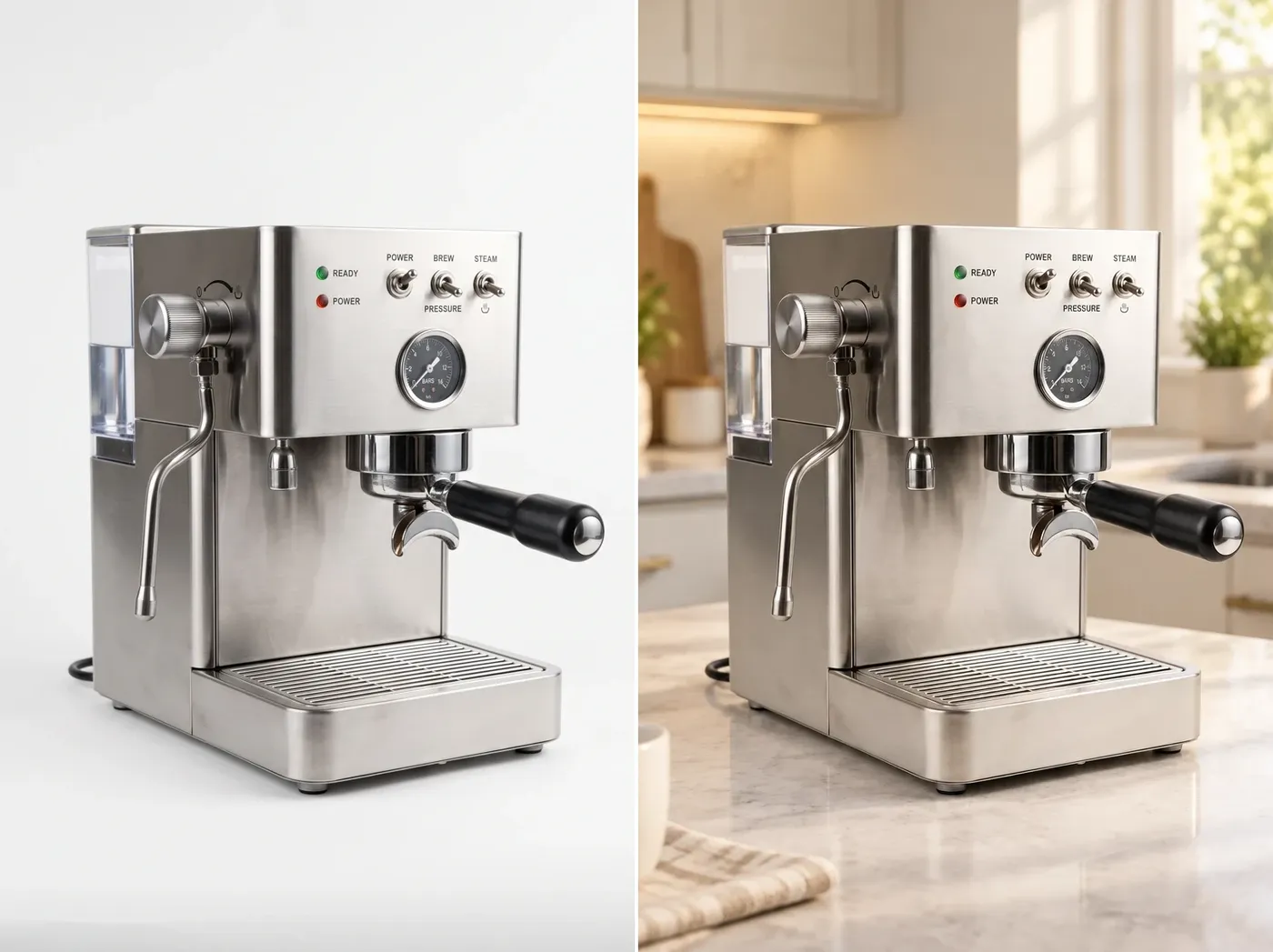 Espresso machine on a plain backdrop beside the same machine on a warm kitchen counter, changed on getimg.ai