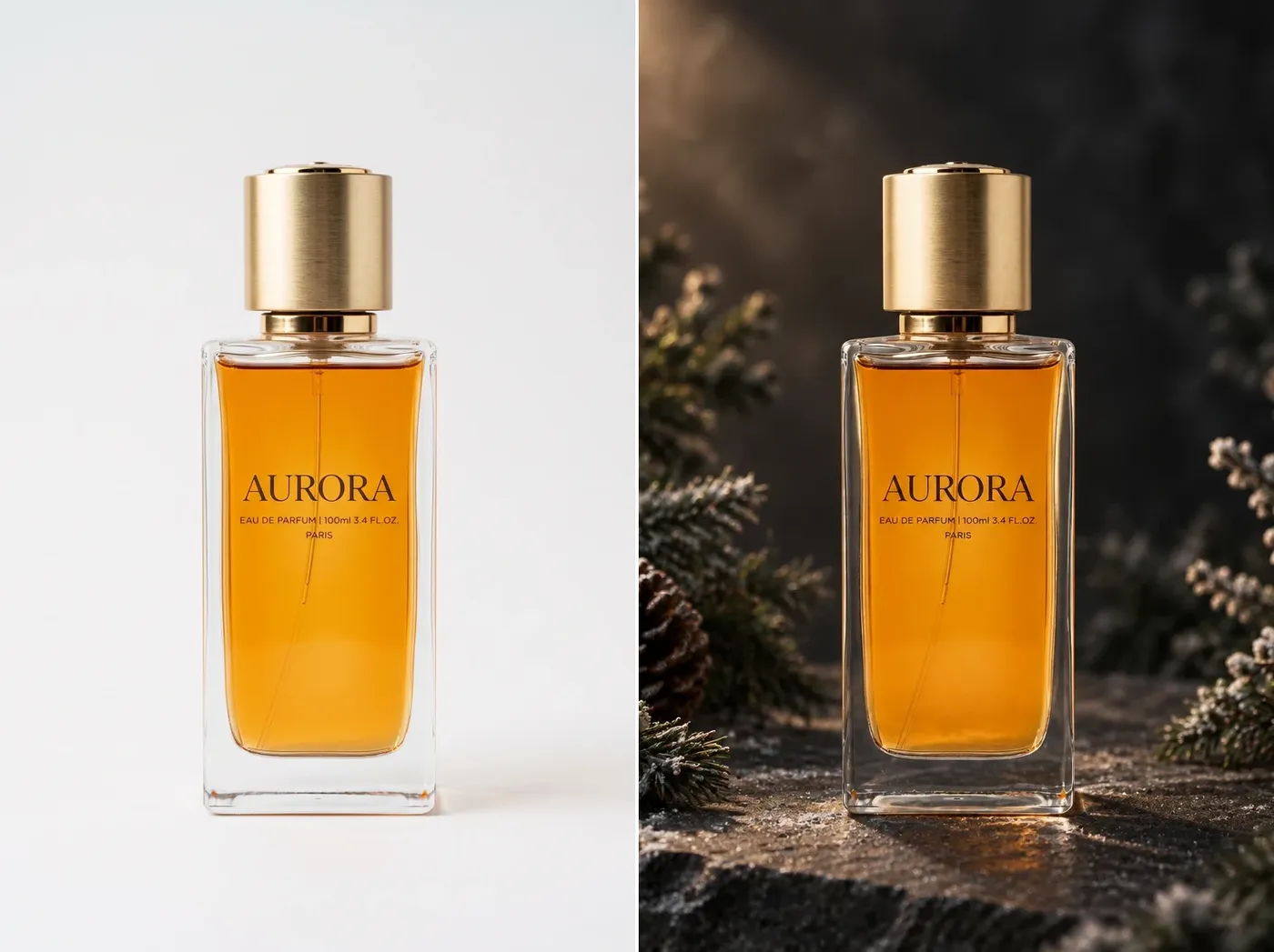 Perfume bottle on a white sweep beside the same bottle on dark stone with winter greenery, changed on getimg.ai