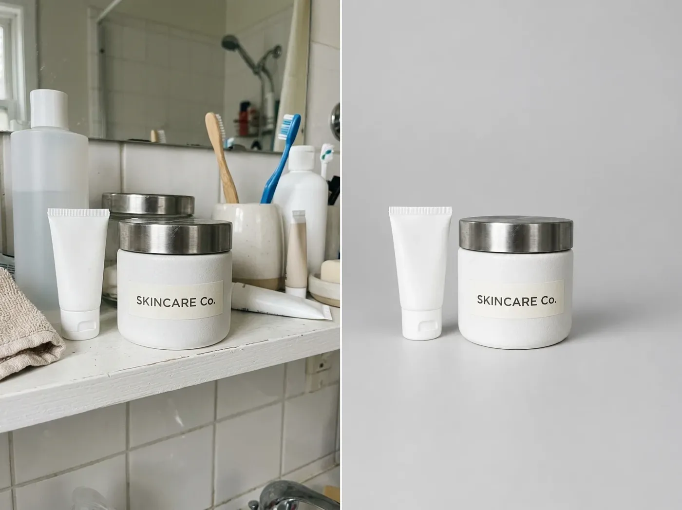 Skincare jar on a cluttered bathroom shelf beside the same jar on a light grey studio backdrop, changed on getimg.ai