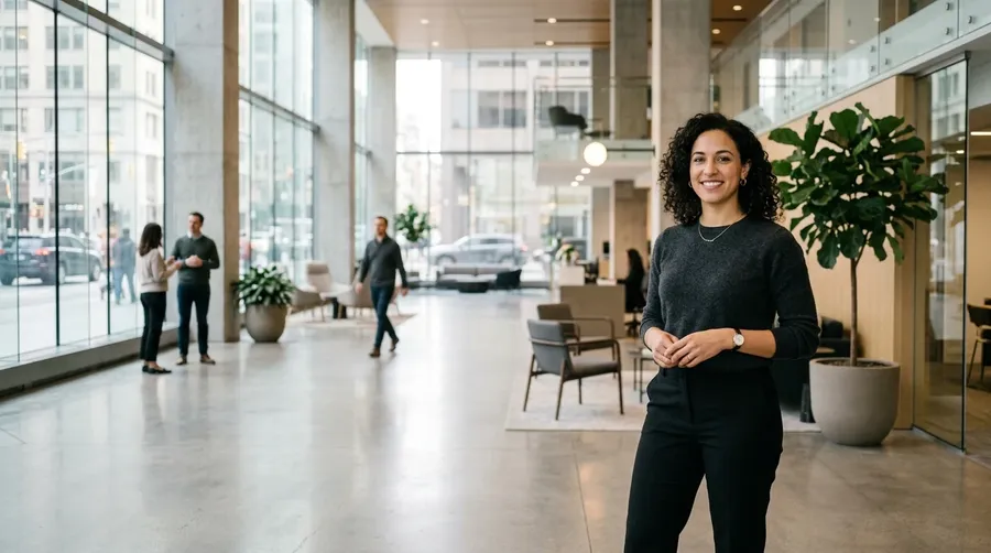 Woman in a modern office lobby, the result of a prompt-based AI background change on getimg.ai