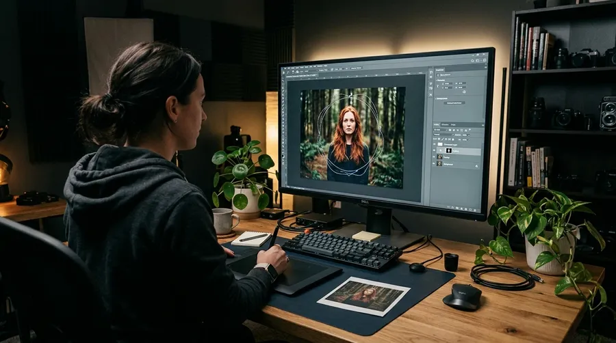 Designer manually masking a portrait in photo editing software, the layer-based alternative to AI background replacement