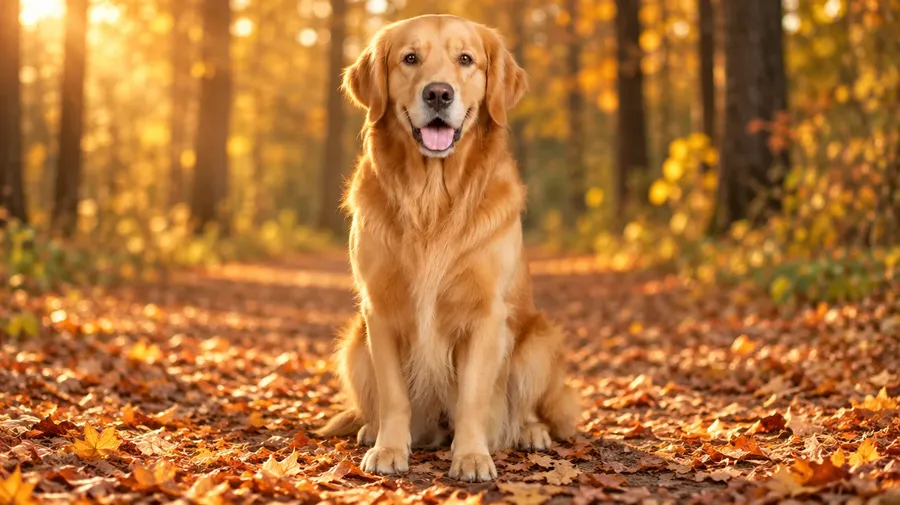 Golden retriever moved from a grey studio floor to an autumn forest path, the result of a three-step background change on getimg.ai